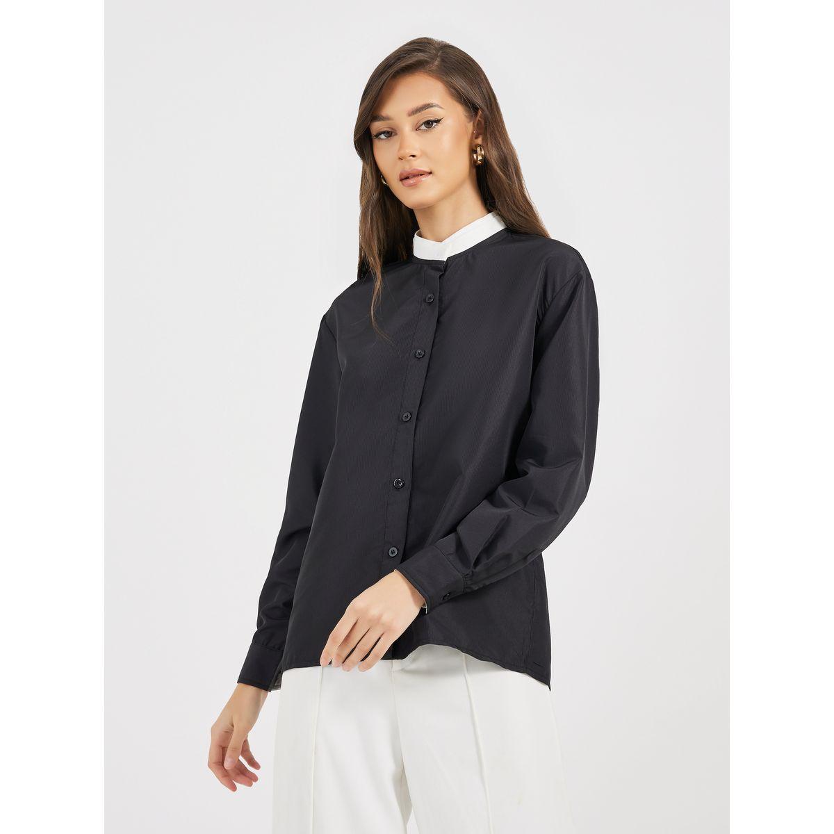 Styli Double Contrast Stand Collar Loose Fit Shirt-women-clothing-shirtsandblouses-shirts-image-3