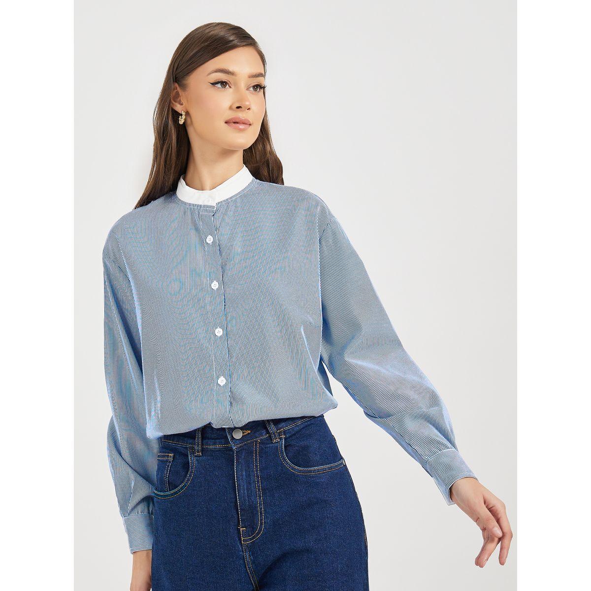 بلوزة بقصة سائبة وياقة قائمة مع أزرار غلق-women-clothing-shirtsandblouses-shirts-image-1