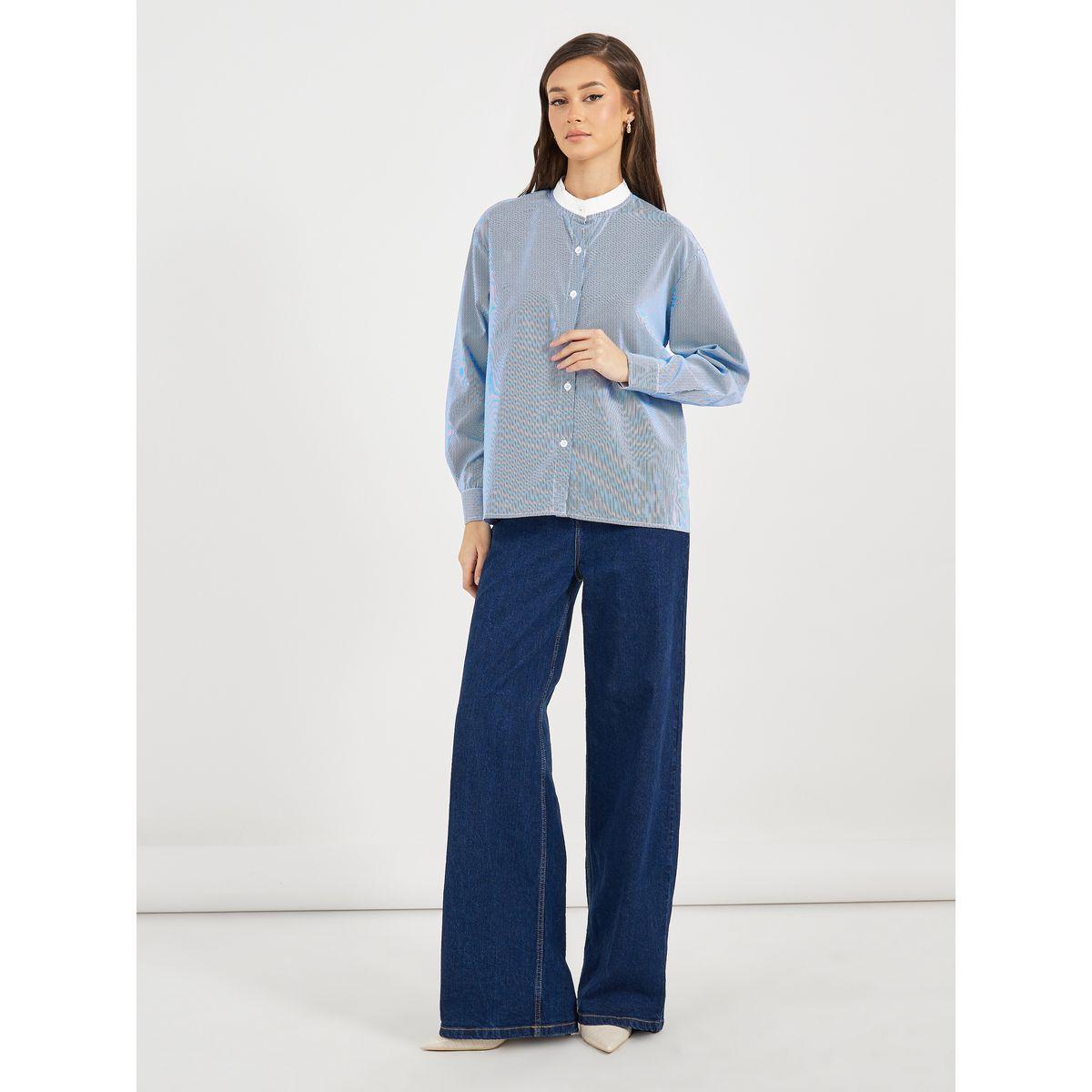 Styli Double Contrast Stand Collar Loose Fit Shirt-women-clothing-shirtsandblouses-shirts-image-2