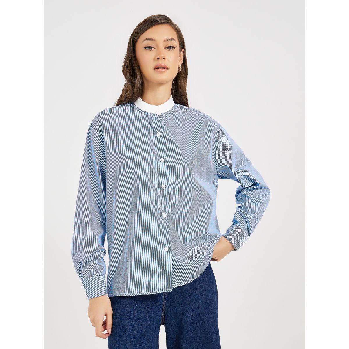 Styli Double Contrast Stand Collar Loose Fit Shirt-women-clothing-shirtsandblouses-shirts-image-3