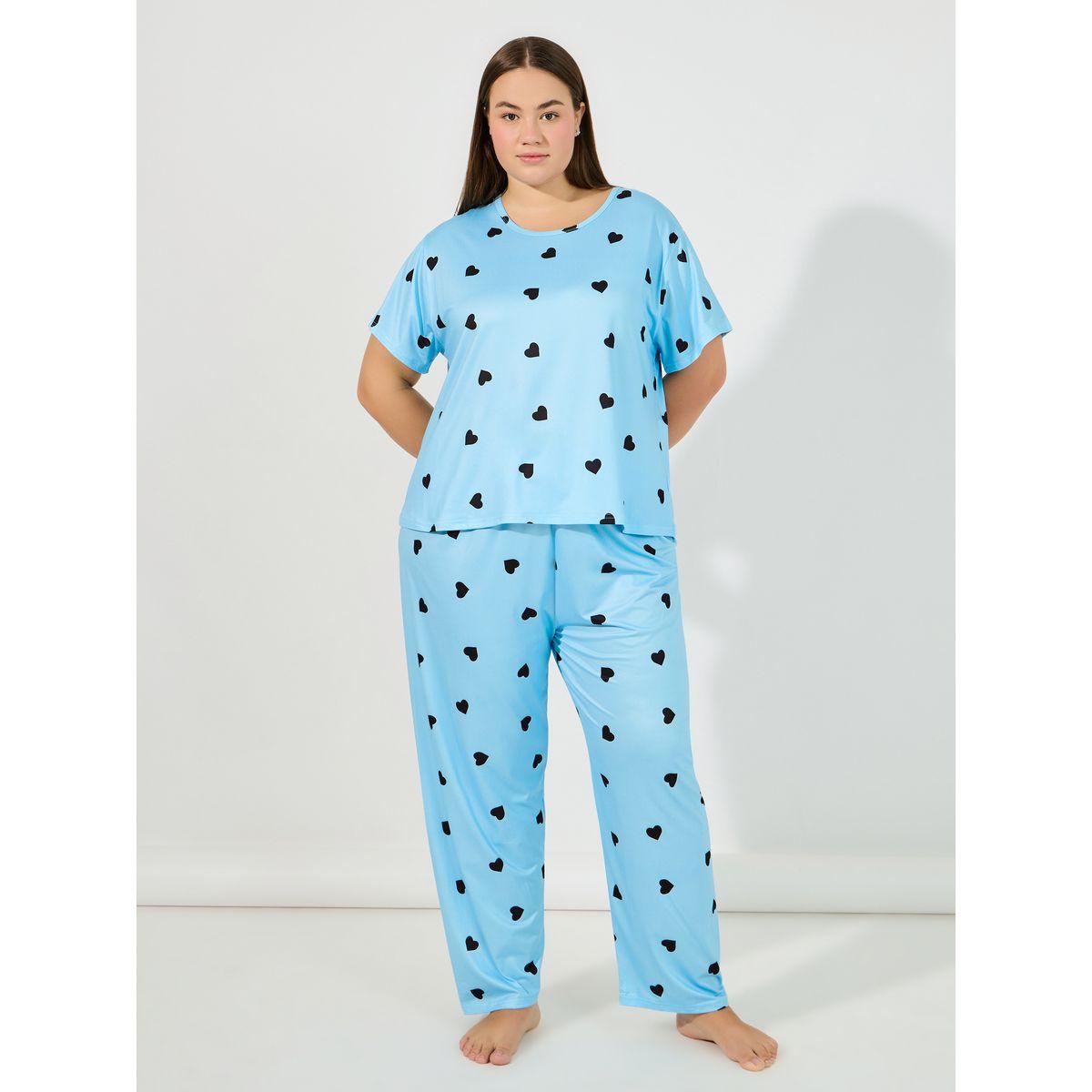 طقم من بنطال بيجاما مع تيشيرت بمقاس كبير وطبعة قلوب-women-clothing-nightwear-pyjamas-longsets-image-2