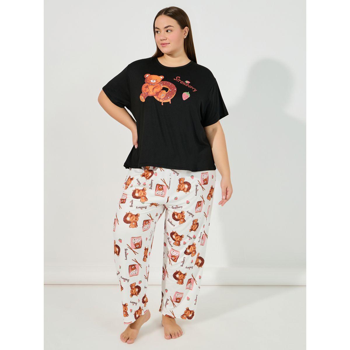 Styli Unwind Plus Size Bear T-Shirt & Printed Pyjama Set-women-clothing-nightwear-pyjamas-longsets-image-1