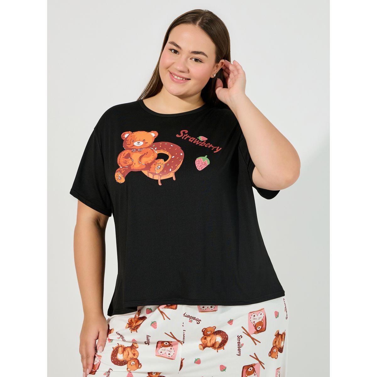 Styli Unwind Plus Size Bear T-Shirt & Printed Pyjama Set-women-clothing-nightwear-pyjamas-longsets-image-2