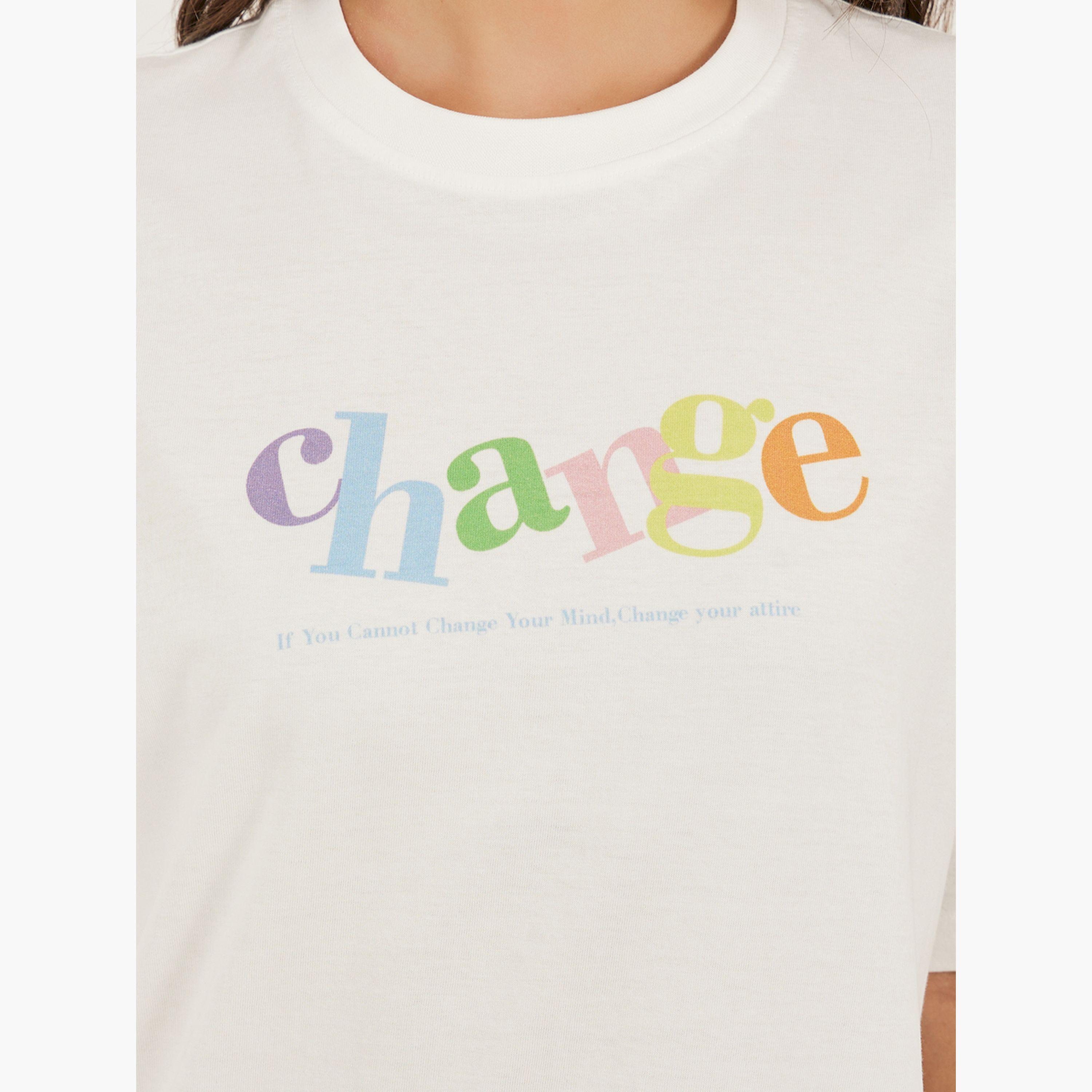 ستايلي -  تي شيرت مقاس كبيربرقبة دائرية وطبعة شعار-women-clothing-tshirts-image-3