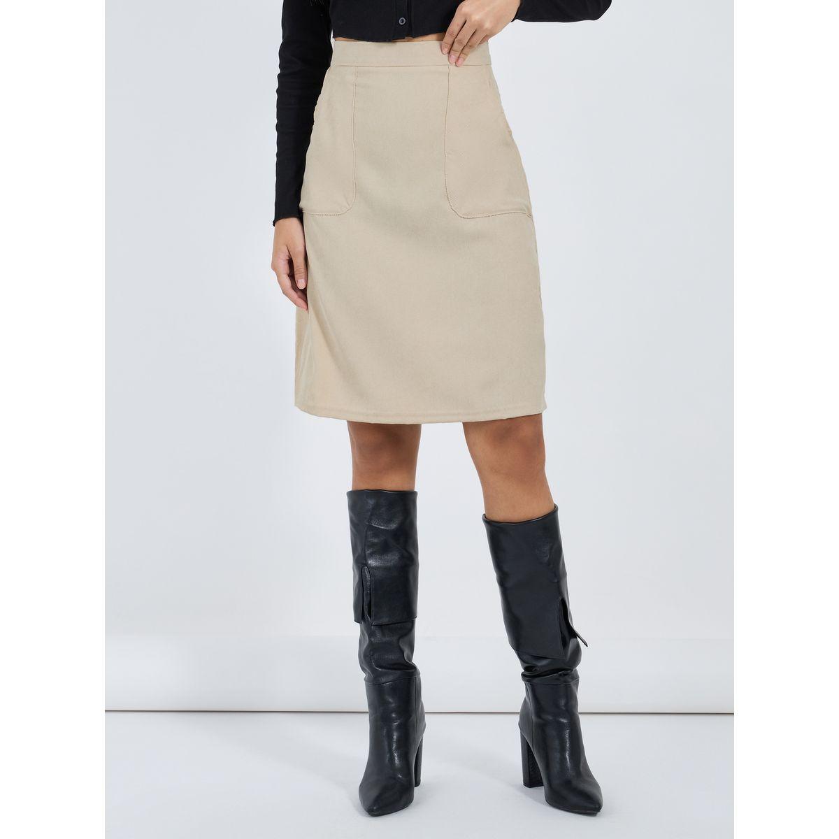 تنورة كوردروي بخصر عالي وجيوب جانبية-women-clothing-bottoms-skirts-image-2
