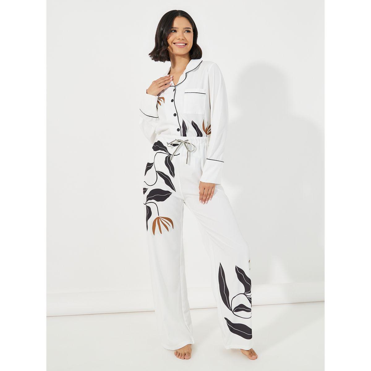 طقم من بنطال بيجاما مع بلوزة بطبعات زهور-women-clothing-nightwear-pyjamas-longsets-image-2