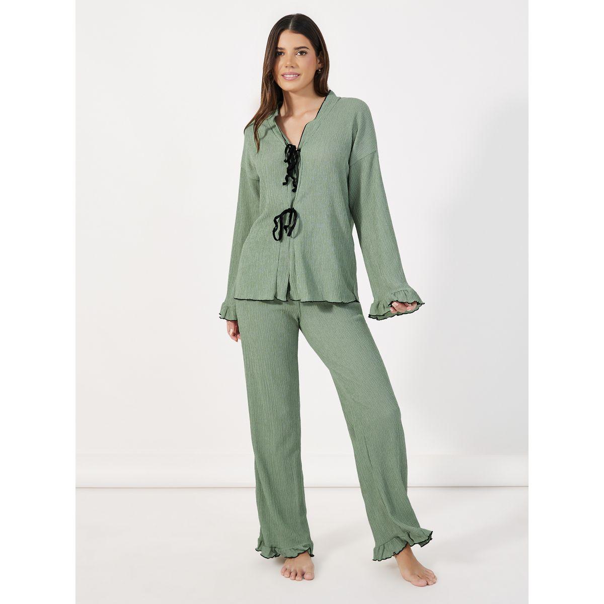 Styli Unwind Contrast Stitch Tie Front Top & Ruffle Hem Pyjama Set-women-clothing-nightwear-pyjamas-longsets-image-1