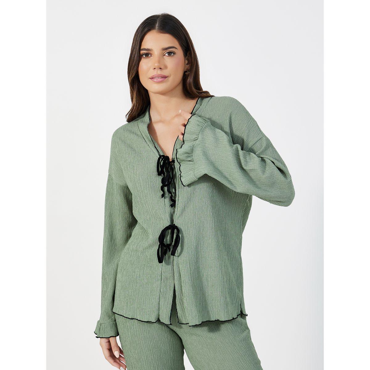 Styli Unwind Contrast Stitch Tie Front Top & Ruffle Hem Pyjama Set-women-clothing-nightwear-pyjamas-longsets-image-2