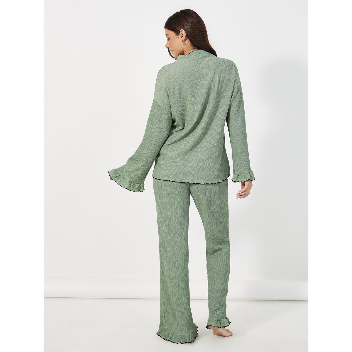 Styli Unwind Contrast Stitch Tie Front Top & Ruffle Hem Pyjama Set-women-clothing-nightwear-pyjamas-longsets-image-4