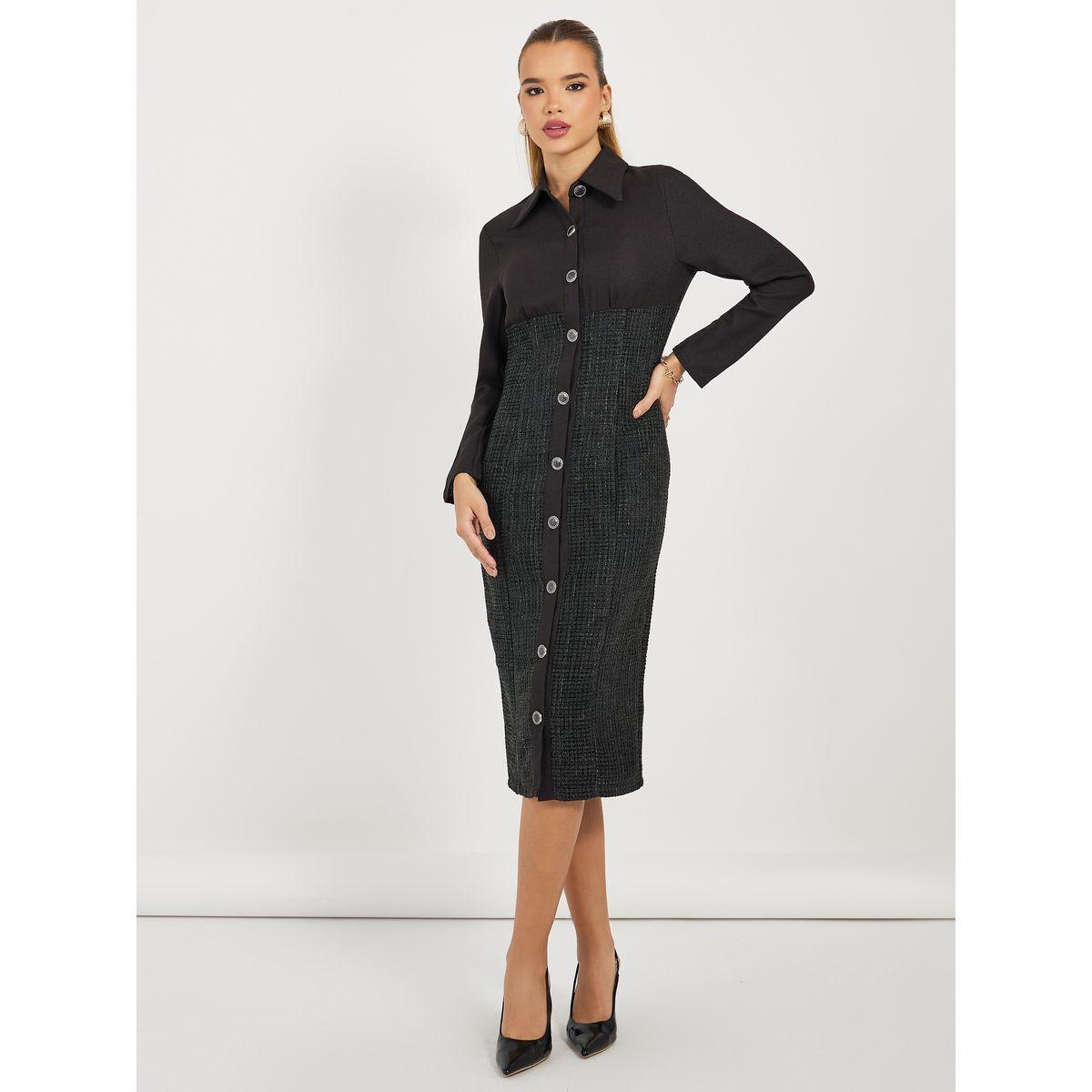 Styli Limited Tweed Sheath Midi Dress with Buttons-women-clothing-dresses-image-1
