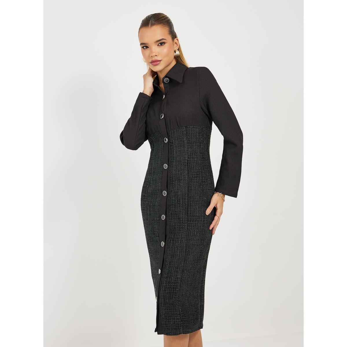 Styli Limited Tweed Sheath Midi Dress with Buttons-women-clothing-dresses-image-2