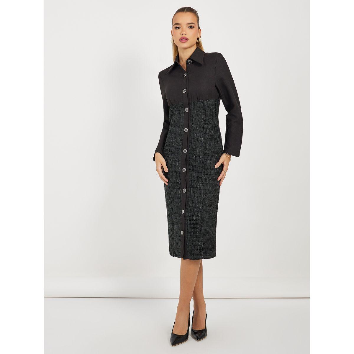 Styli Limited Tweed Sheath Midi Dress with Buttons-women-clothing-dresses-image-5