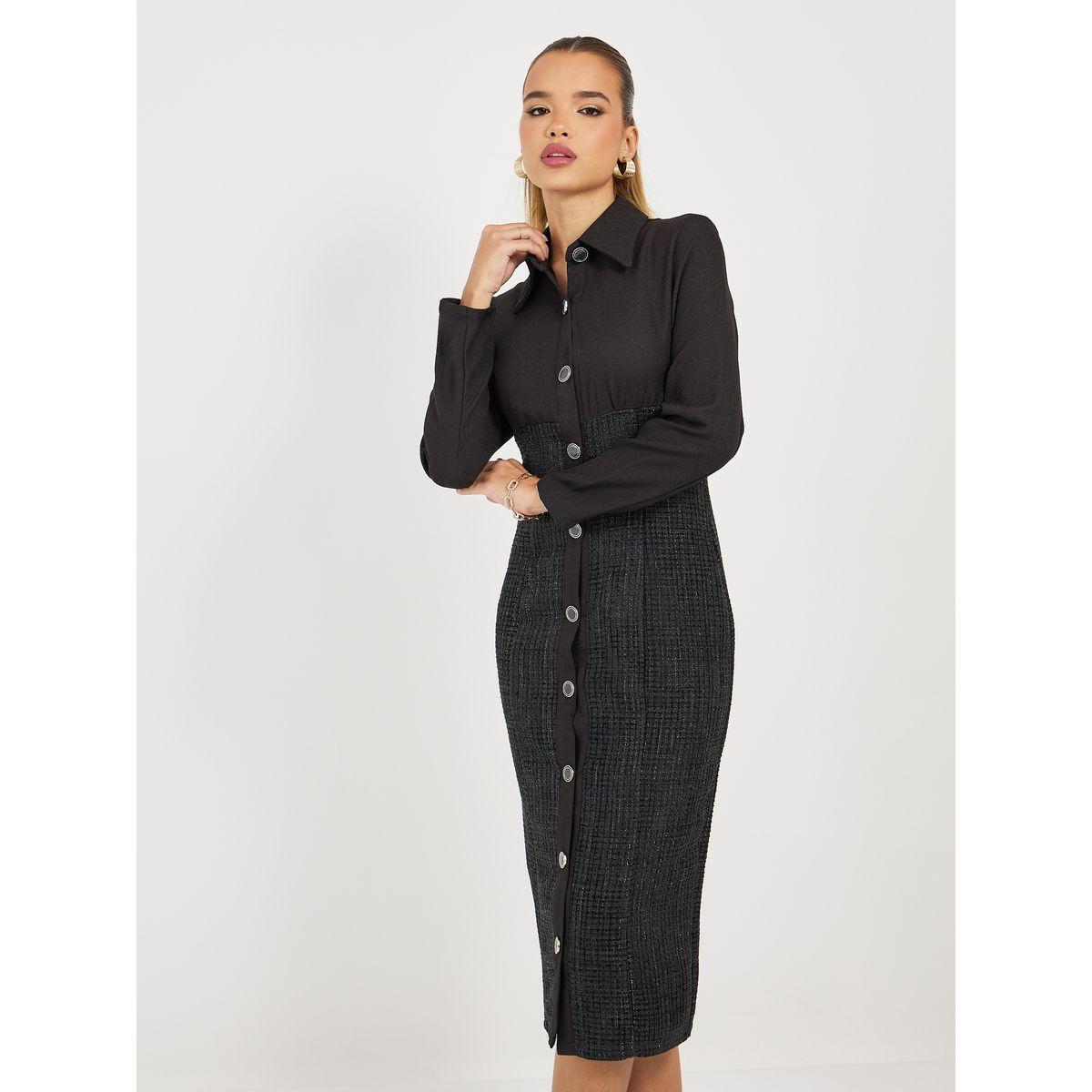 Styli Limited Tweed Sheath Midi Dress with Buttons-women-clothing-dresses-image-6