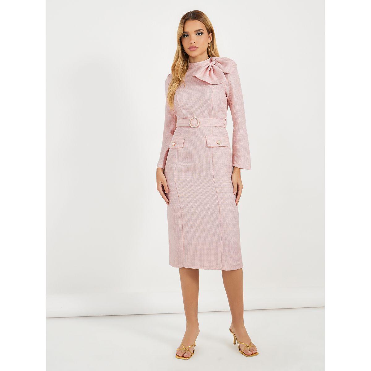 Styli Limited Bow Detail Belted Tweed Midi Dress-women-clothing-dresses-image-1