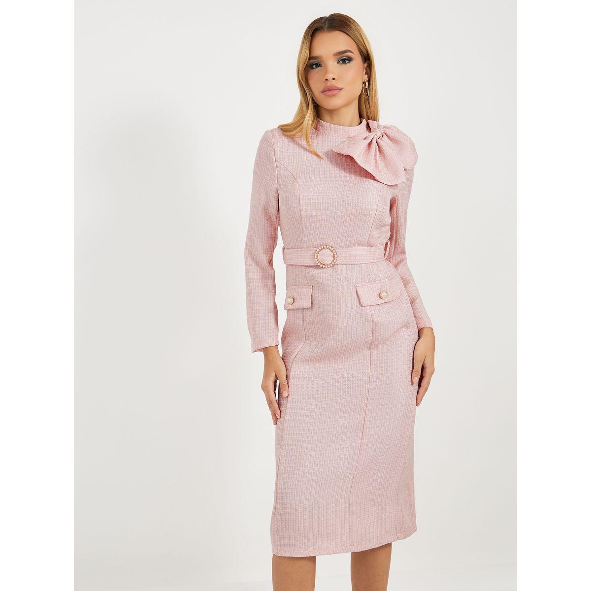 فستان ميدي تويد مزين بفيونكة وحزام-women-clothing-dresses-image-2