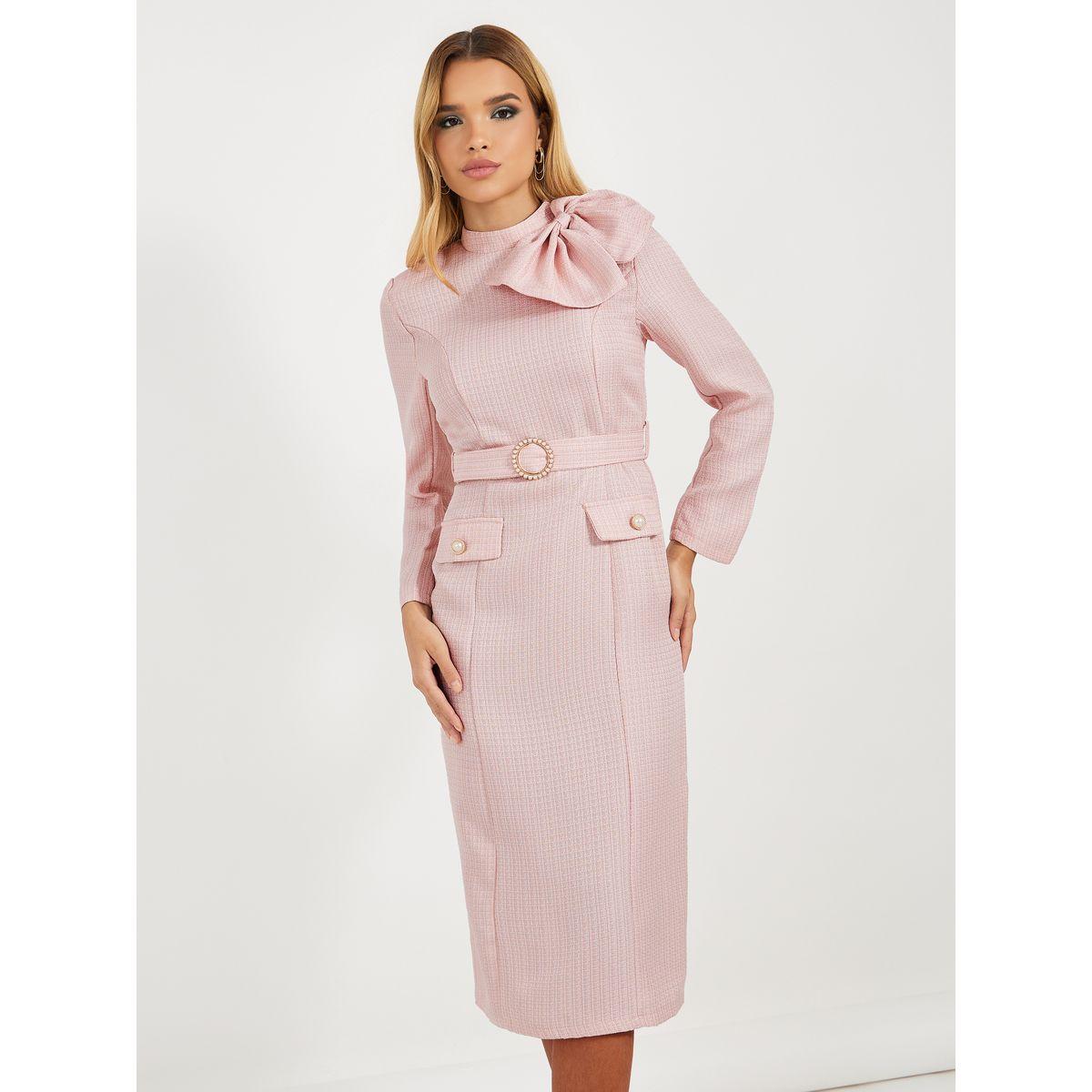 Styli Limited Bow Detail Belted Tweed Midi Dress-women-clothing-dresses-image-4