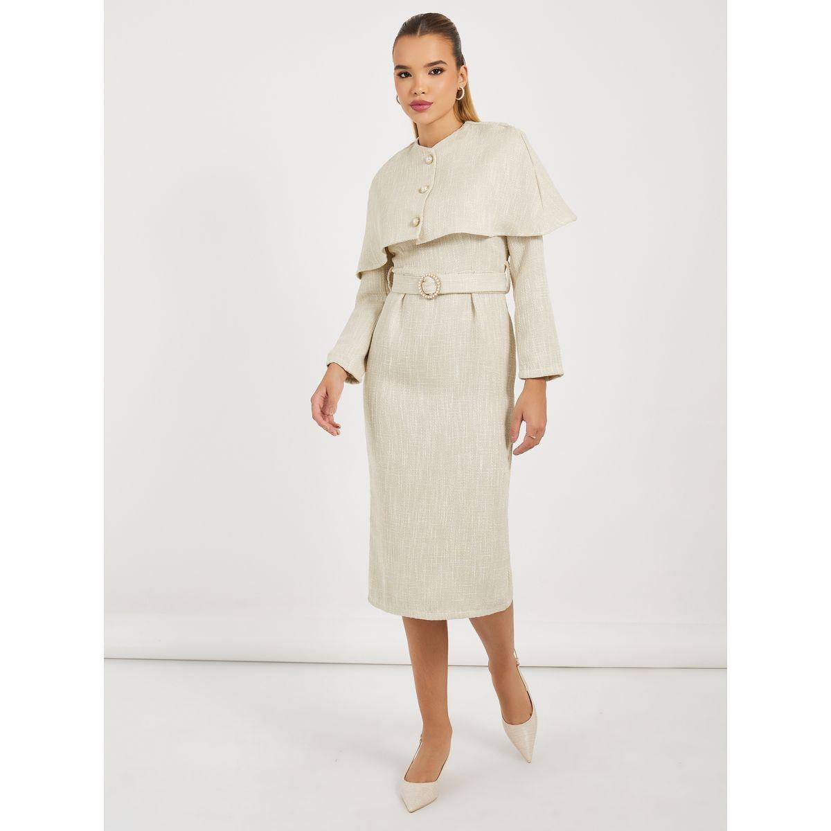 Styli Limited Tweed Belted Midi Dress with Detachable Cape-women-clothing-dresses-image-1