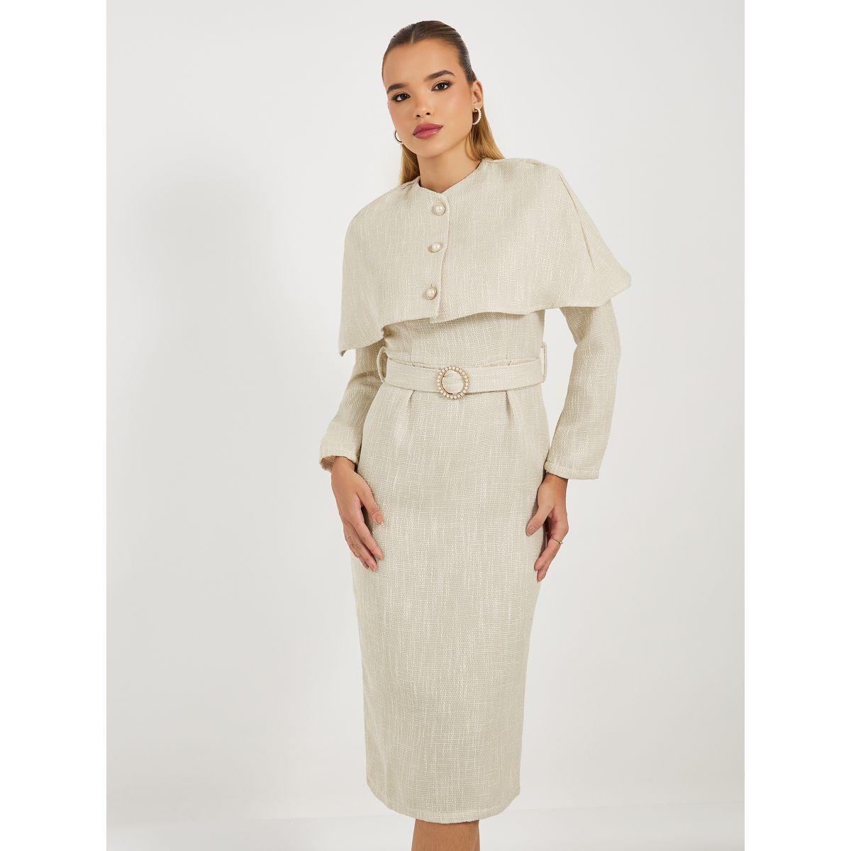 فستان ميدي تويد بحزام خصر ورداء قابل للفصل-women-clothing-dresses-image-2