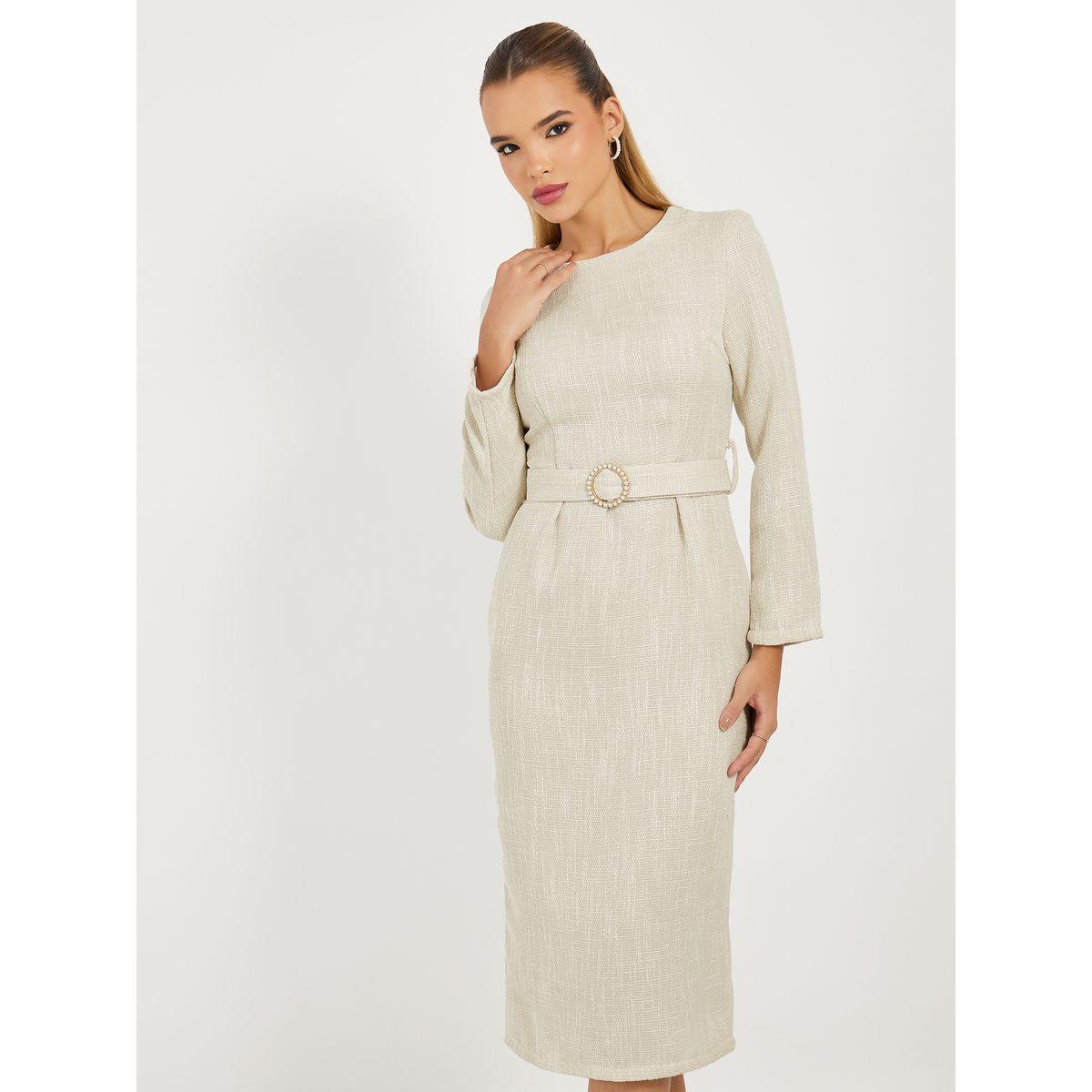 Styli Limited Tweed Belted Midi Dress with Detachable Cape-women-clothing-dresses-image-6