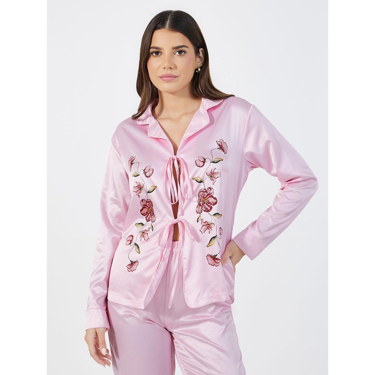طقم من بنطال بيجاما وبلوزة بطبعة زهور مع أربطة-women-clothing-nightwear-pyjamas-longsets-image-2
