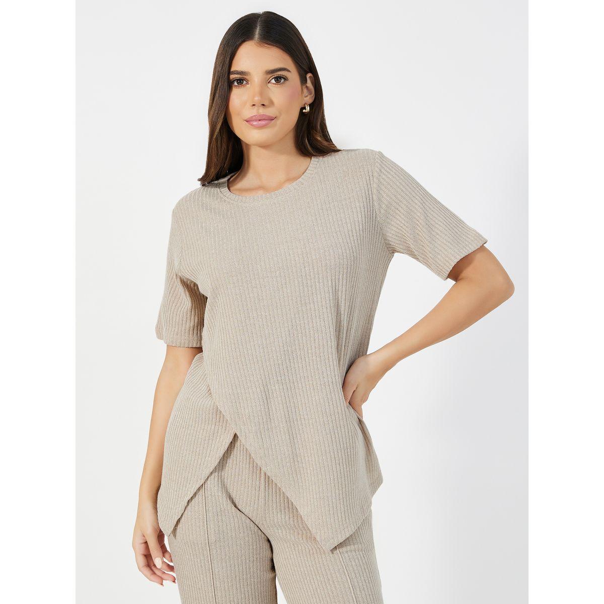 Styli Unwind Ribbed Asymmetric Trim Top & Wide Leg Pants Pyjama Set-women-clothing-coordsets-image-2