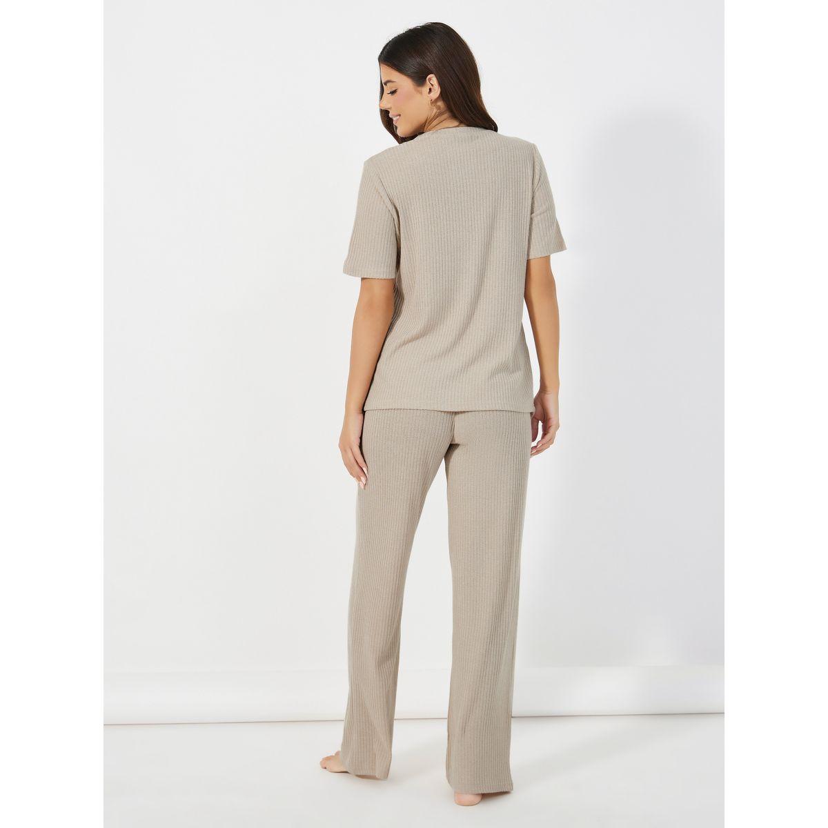 Styli Unwind Ribbed Asymmetric Trim Top & Wide Leg Pants Pyjama Set-women-clothing-coordsets-image-4