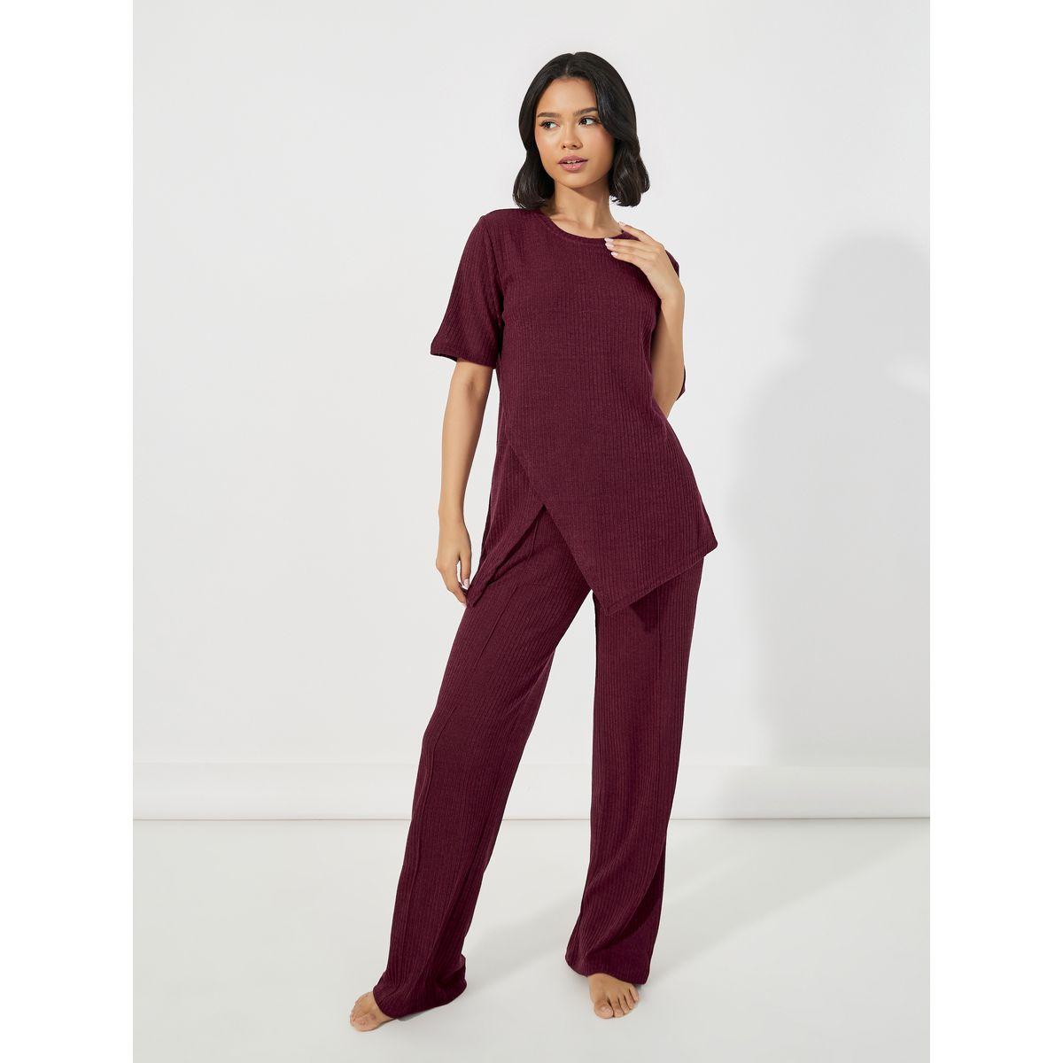 Styli Unwind Brushed Ribbed Asymmetric Trim Top & Wide Leg Pants Lounge Set-women-clothing-coordsets-image-1