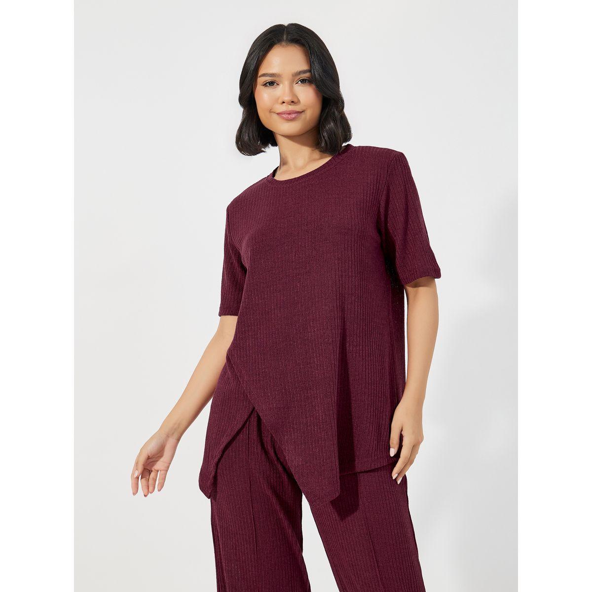مجموعة من بنطال بأرجل واسعة وبلوزة مضلعة-women-clothing-coordsets-image-2