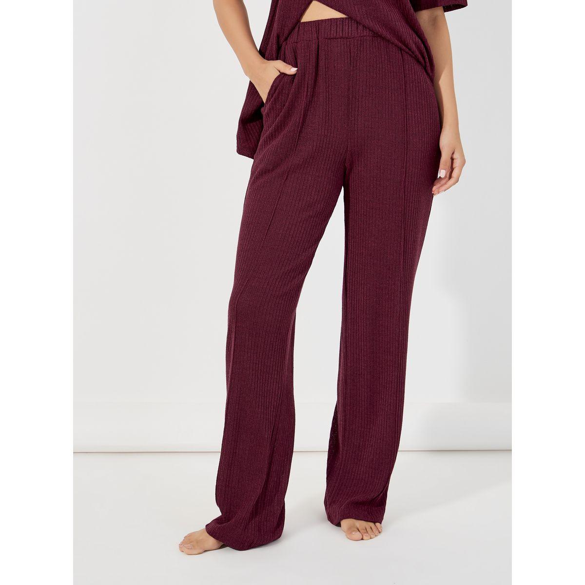 Styli Unwind Brushed Ribbed Asymmetric Trim Top & Wide Leg Pants Lounge Set-women-clothing-coordsets-image-5