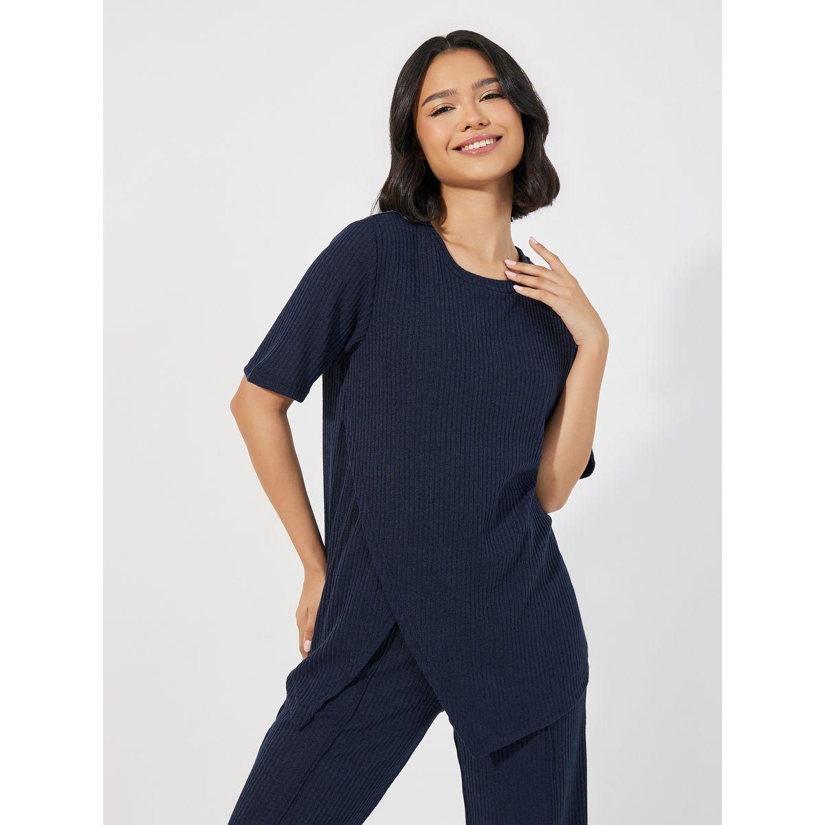 مجموعة من بنطال بأرجل واسعة وبلوزة مضلعة-women-clothing-coordsets-image-2