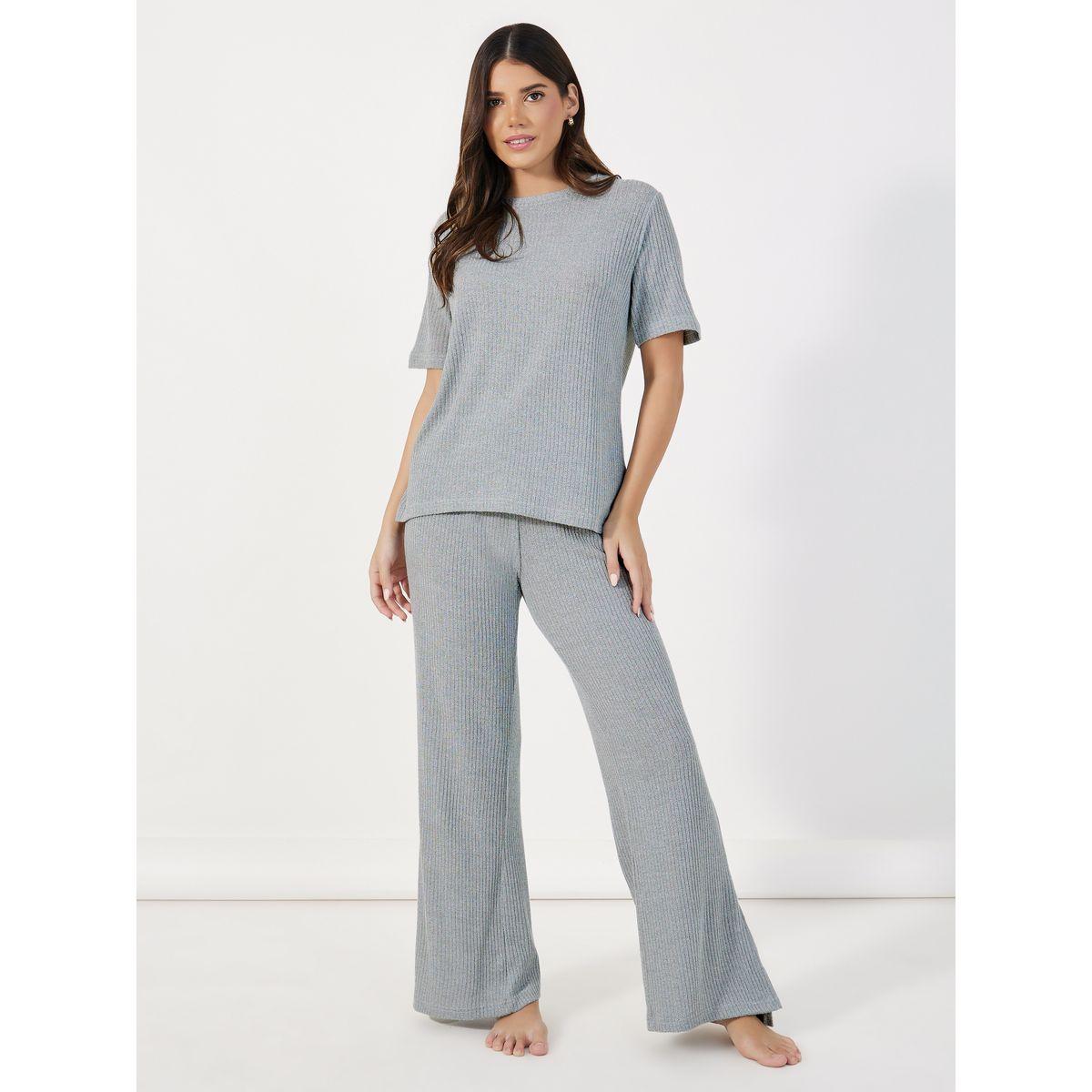 Styli Unwind Ribbed Round Neck Top & Wide Leg Pants Pyjama Set-women-clothing-coordsets-image-1