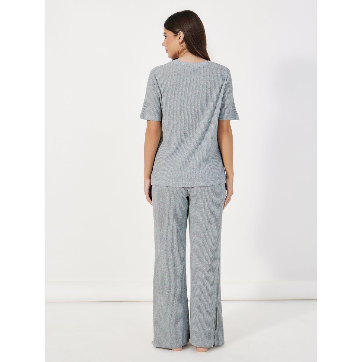 Styli Unwind Ribbed Round Neck Top & Wide Leg Pants Pyjama Set-women-clothing-coordsets-image-5