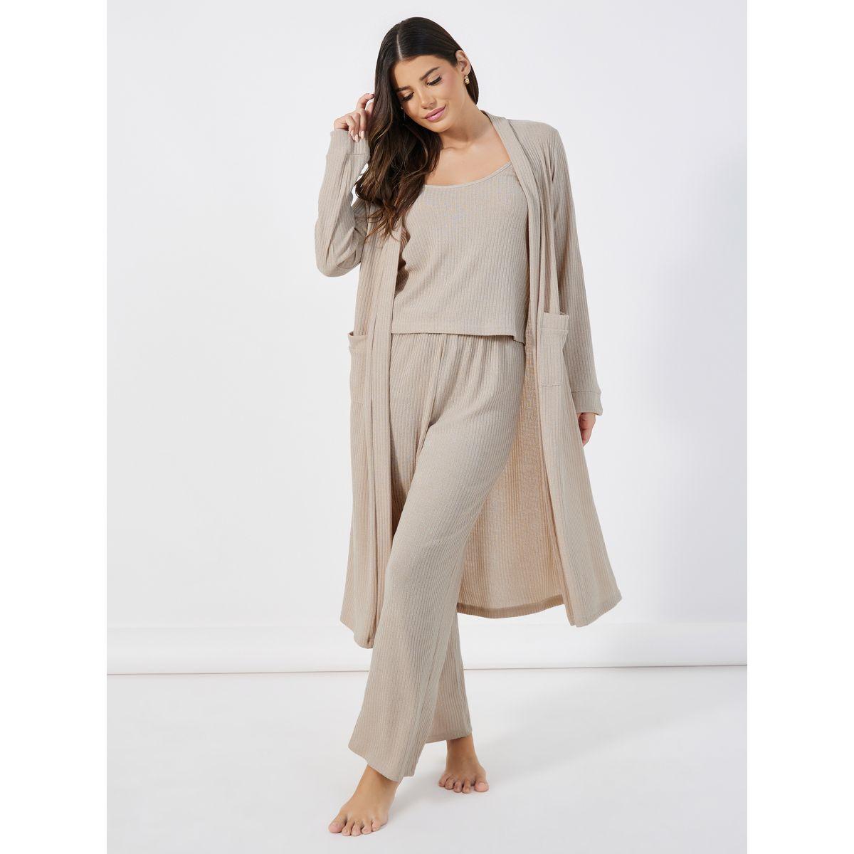 Styli Unwind Pack of 3 - Brushed Ribbed Strappy Cami Top, Pants & Robe-women-clothing-coordsets-image-1