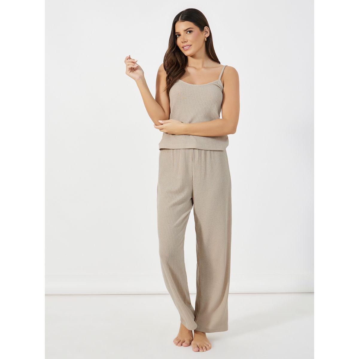 Styli Unwind Pack of 3 - Brushed Ribbed Strappy Cami Top, Pants & Robe-women-clothing-coordsets-image-2