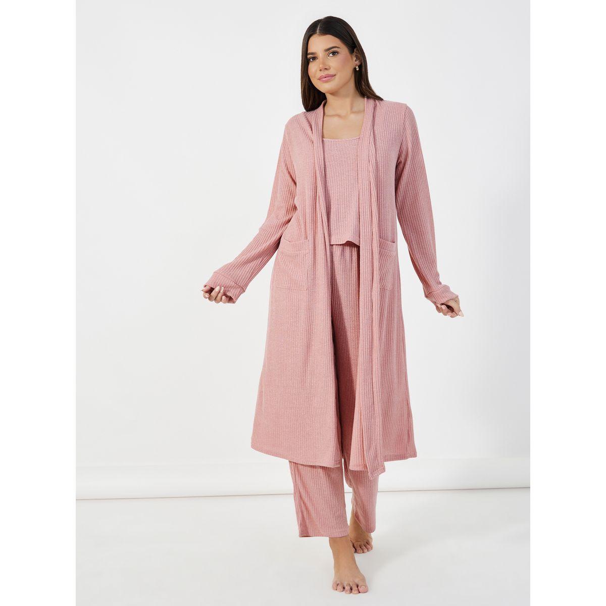 Styli Unwind Pack of 3 - Brushed Ribbed Strappy Cami Top, Pants & Robe-women-clothing-coordsets-image-1