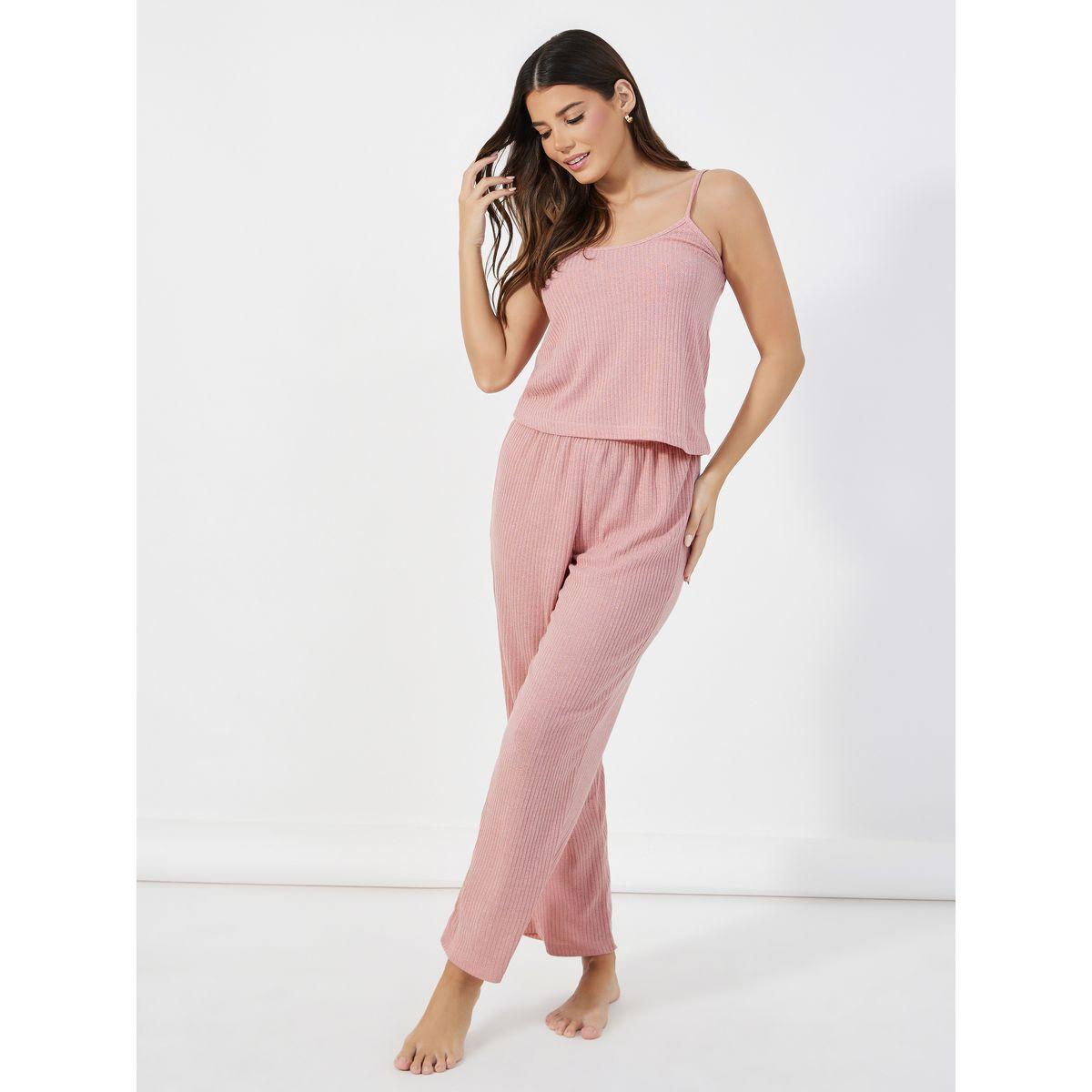 Styli Unwind Pack of 3 - Brushed Ribbed Strappy Cami Top, Pants & Robe-women-clothing-coordsets-image-2