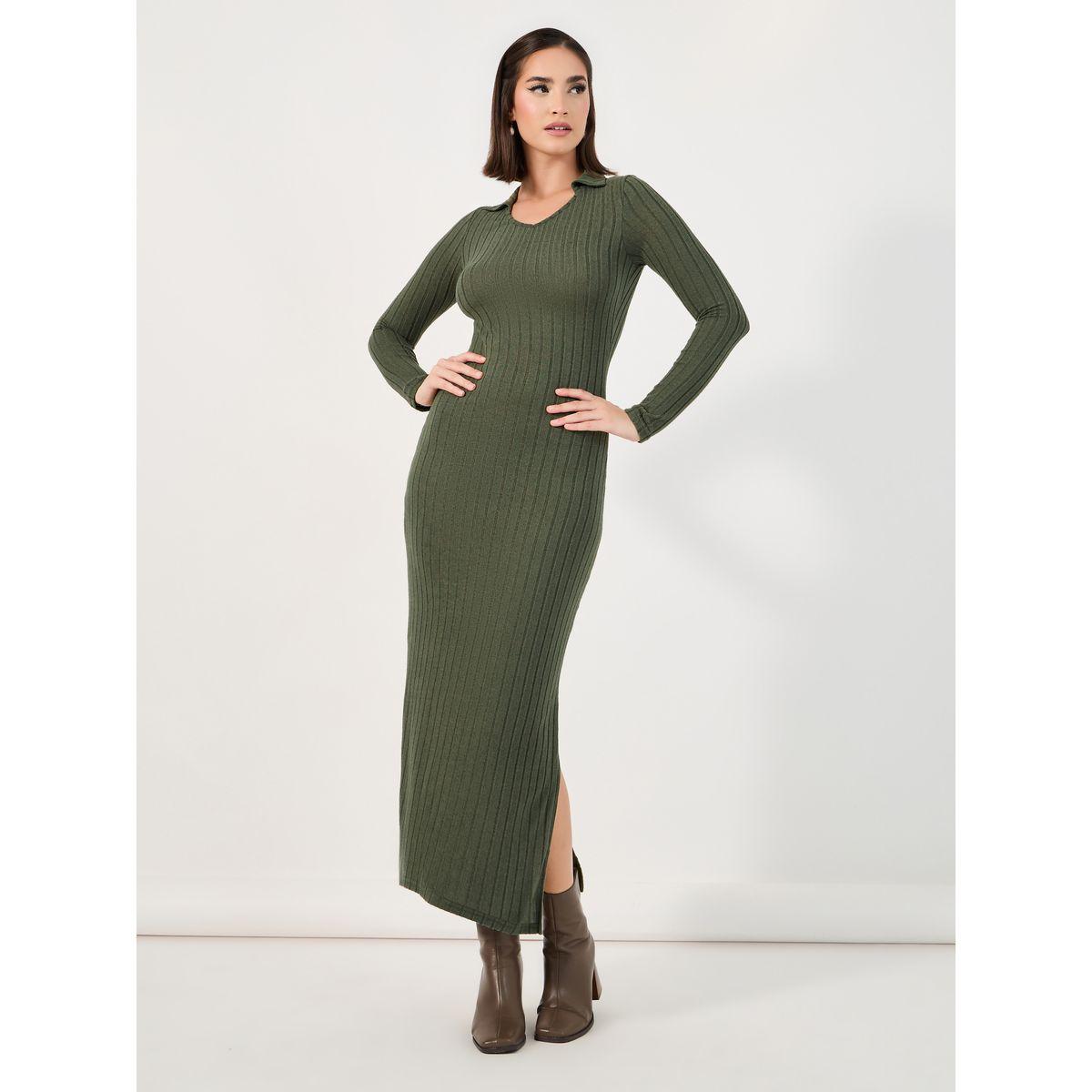 Styli Collared Knit Bodycon Maxi Dress with Side Slit-women-clothing-dresses-image-4