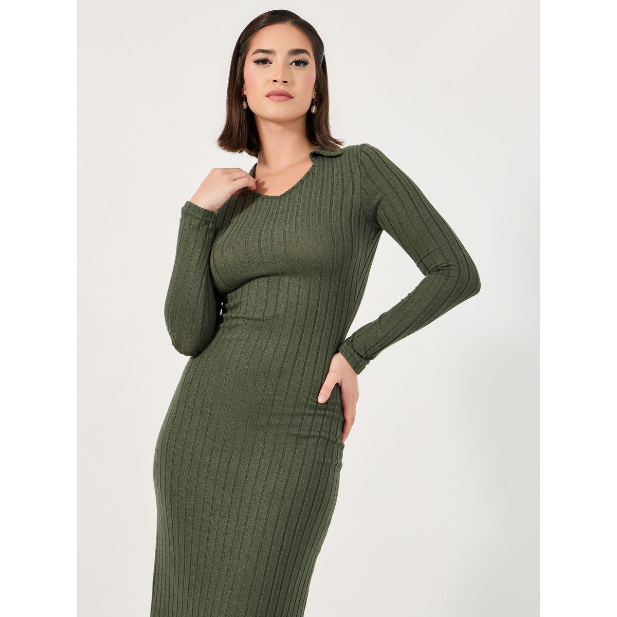 Styli Collared Knit Bodycon Maxi Dress with Side Slit-women-clothing-dresses-image-5