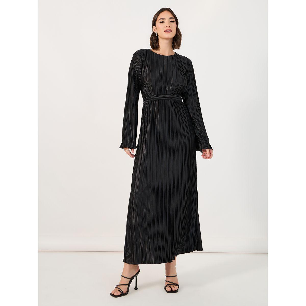 فستان طويل بنسيج بليسيه وحزام خصر-women-clothing-dresses-image-1