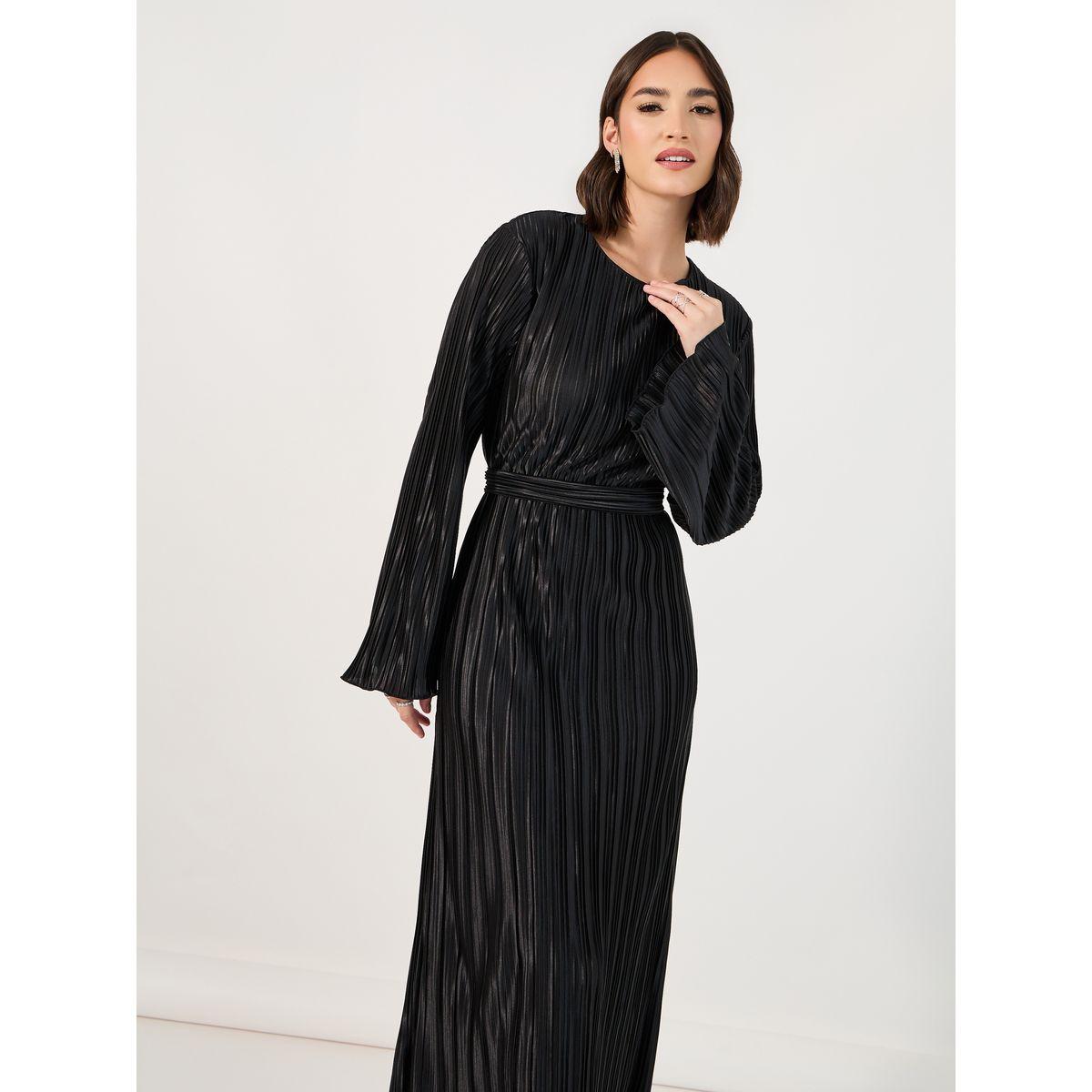 فستان طويل بنسيج بليسيه وحزام خصر-women-clothing-dresses-image-2