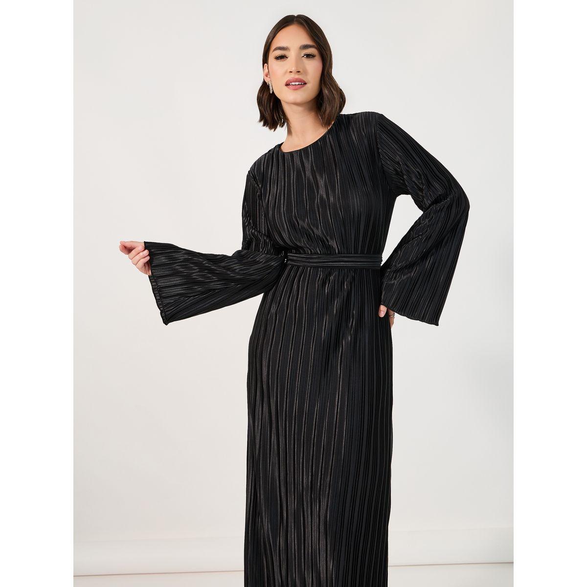 فستان طويل بنسيج بليسيه وحزام خصر-women-clothing-dresses-image-4