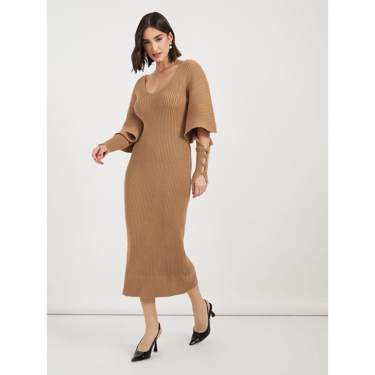 Styli Cut-Out Sleeve Detail Ribbed Knit Sweater Midi Dress-women-clothing-dresses-image-1