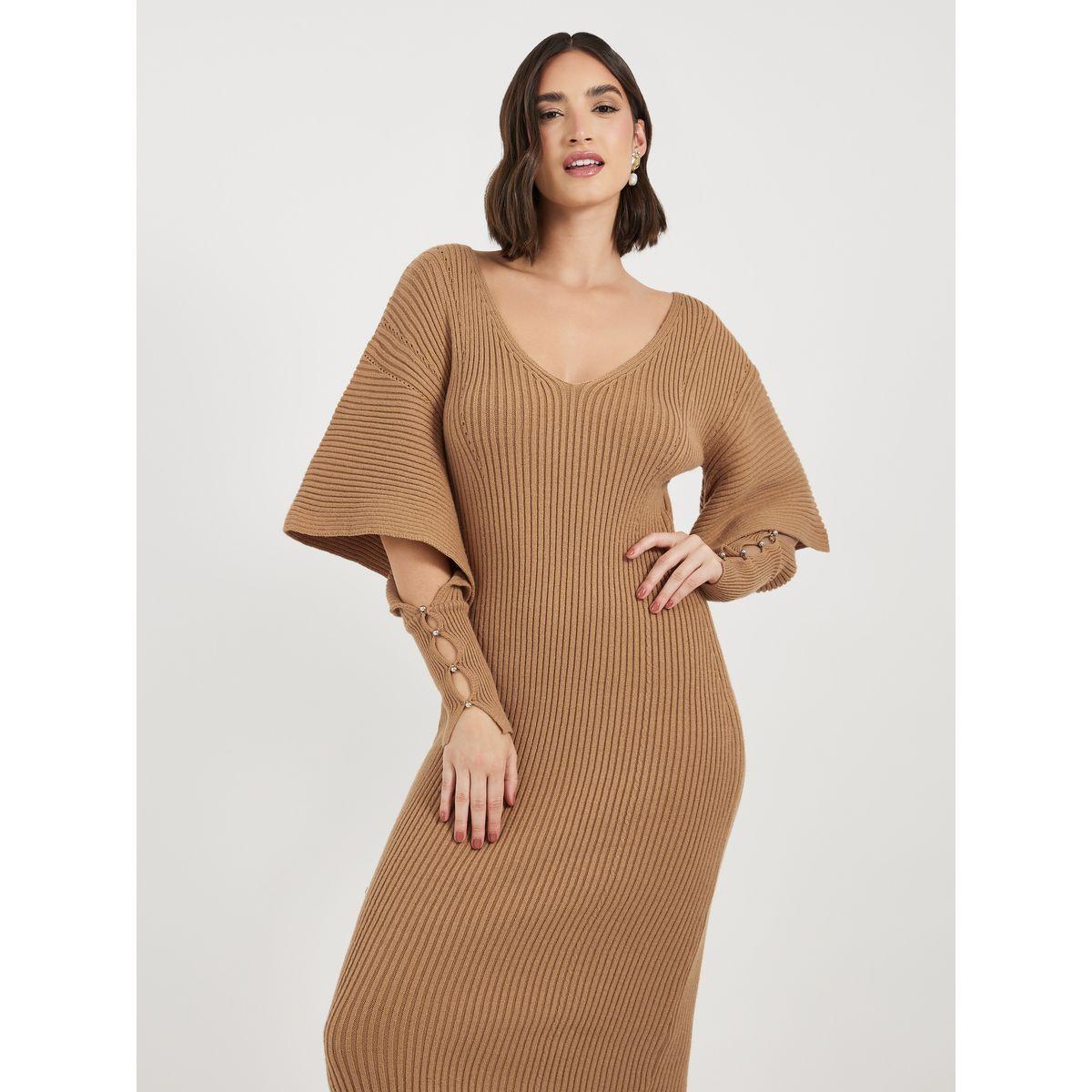 Styli Cut-Out Sleeve Detail Ribbed Knit Sweater Midi Dress-women-clothing-dresses-image-2