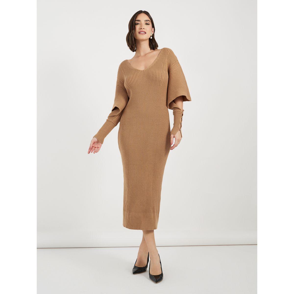 Styli Cut-Out Sleeve Detail Ribbed Knit Sweater Midi Dress-women-clothing-dresses-image-4