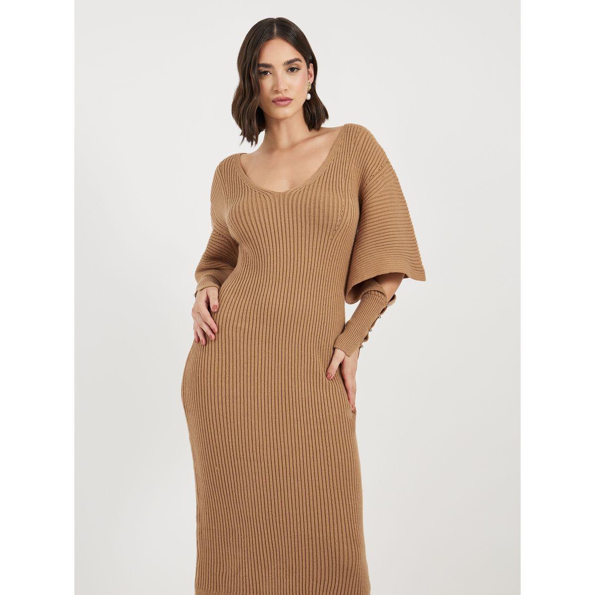 Styli Cut-Out Sleeve Detail Ribbed Knit Sweater Midi Dress-women-clothing-dresses-image-5