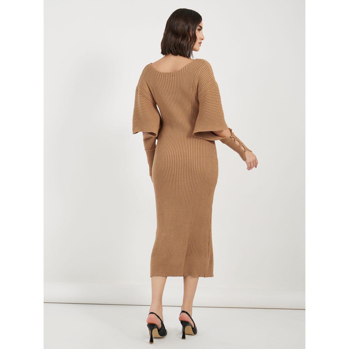 Styli Cut-Out Sleeve Detail Ribbed Knit Sweater Midi Dress-women-clothing-dresses-image-6