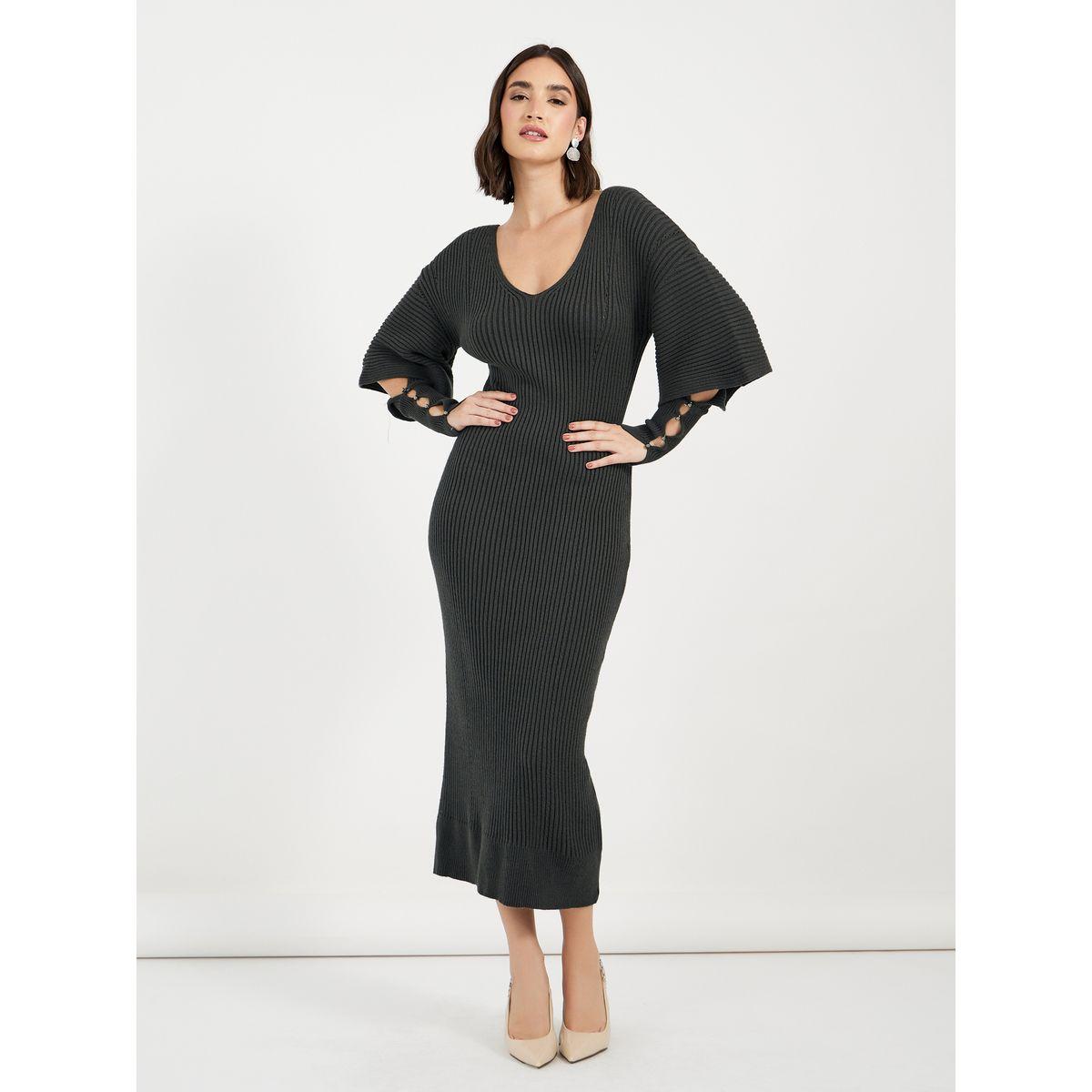 فستان ميدي بتفاصيل مضلعة وأكمام طويلة-women-clothing-dresses-image-1