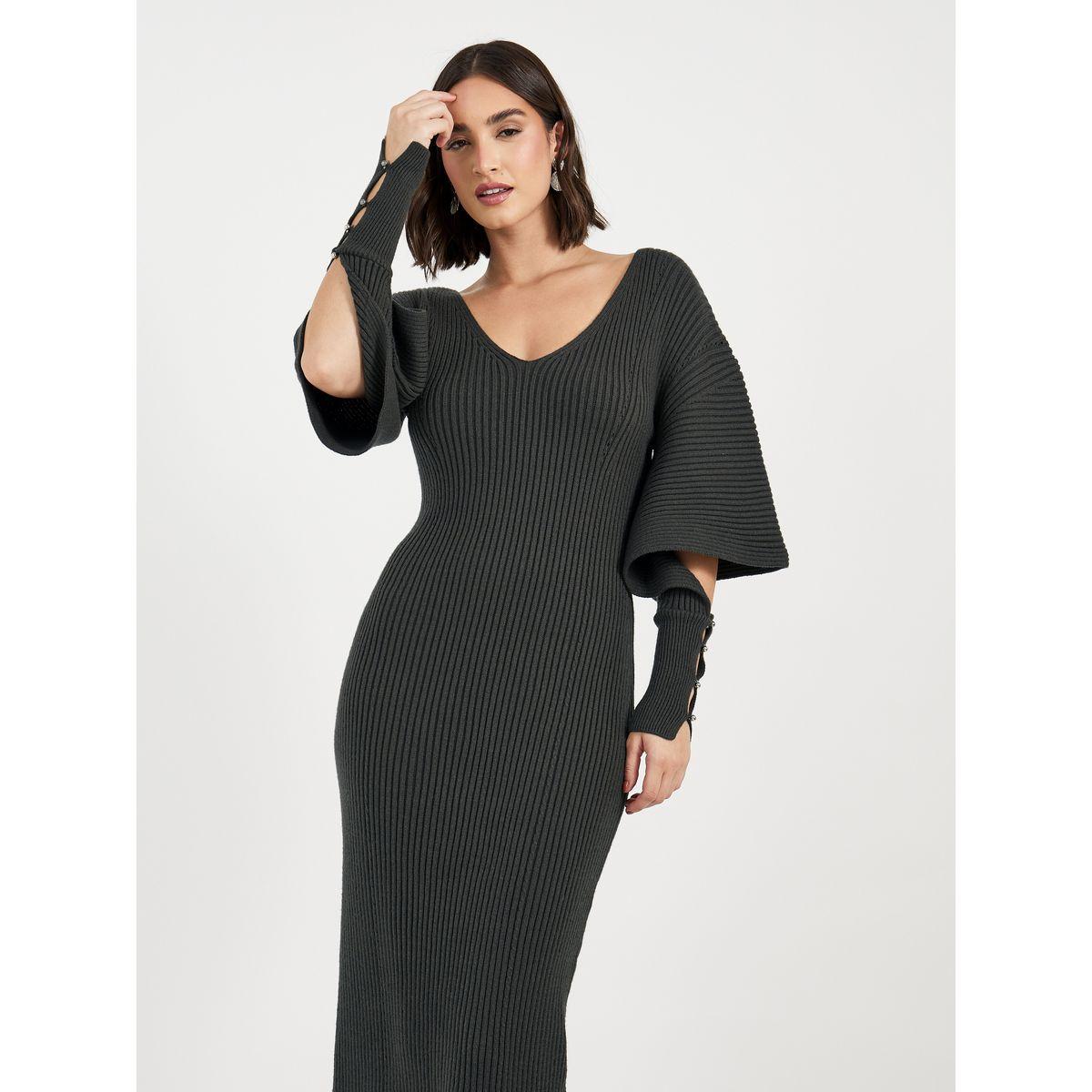 فستان ميدي بتفاصيل مضلعة وأكمام طويلة-women-clothing-dresses-image-2