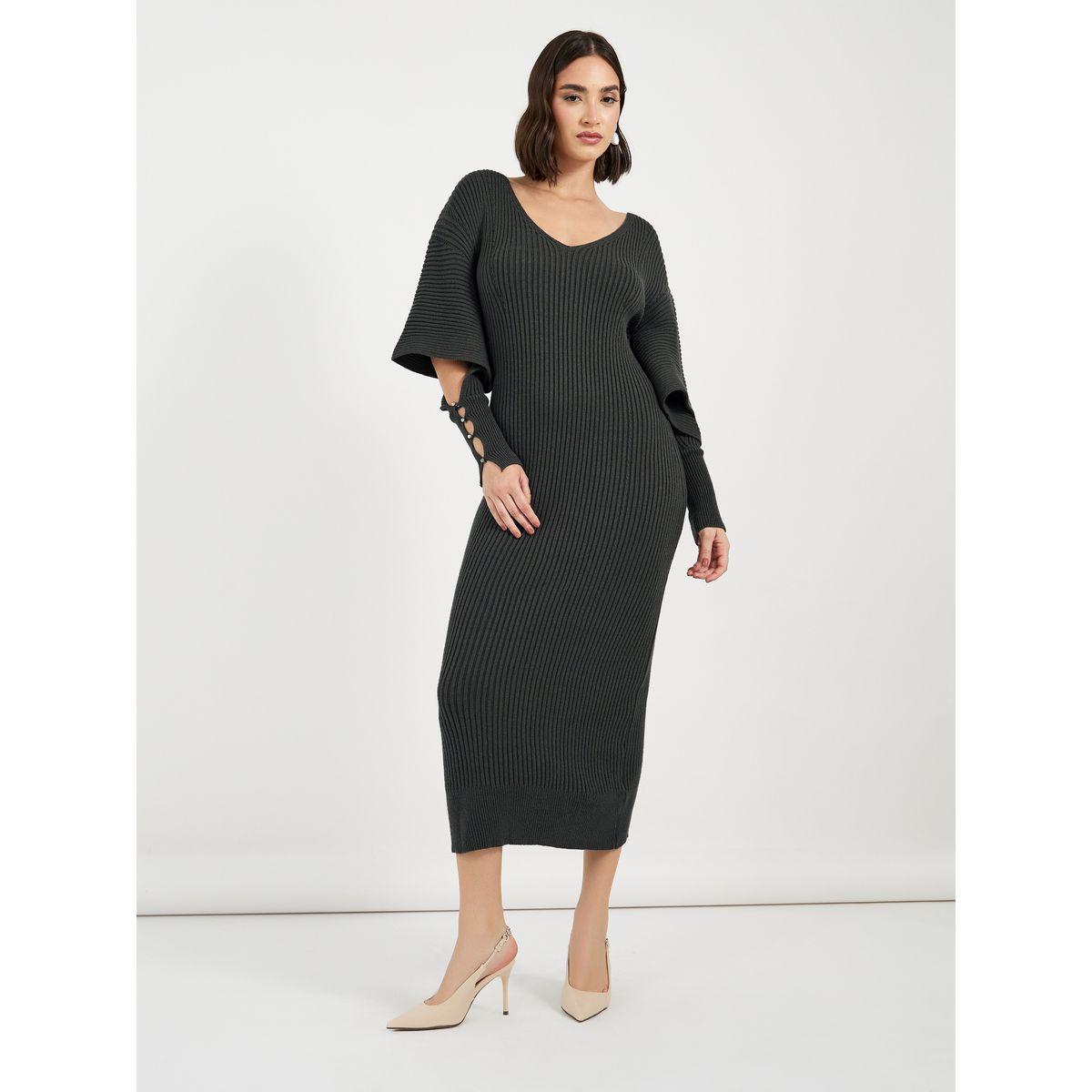 Styli Cut-Out Sleeve Detail Ribbed Knit Sweater Midi Dress-women-clothing-dresses-image-3
