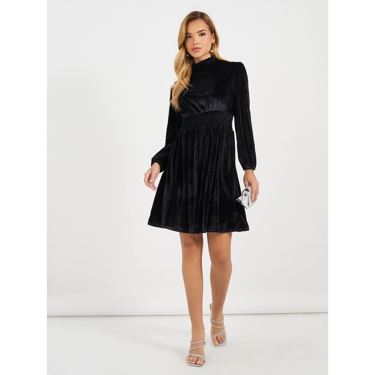 فستان قصير بمظهر مخمل وياقة عالية-women-clothing-dresses-image-1